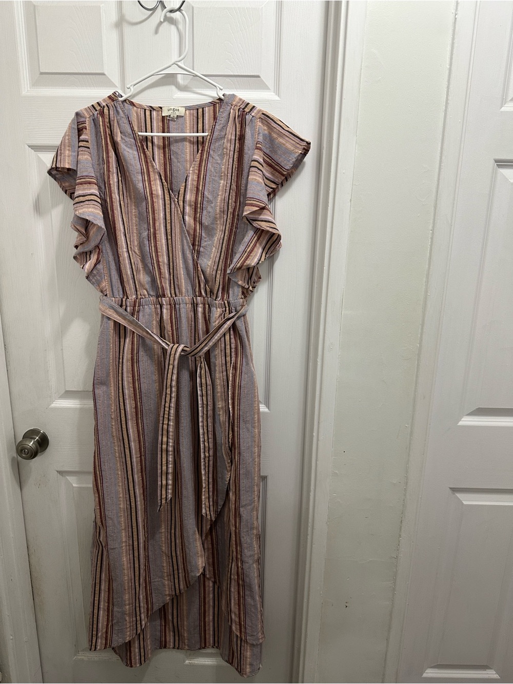Umgee Multi-Striped Ruffle Sleeve Faux Wrap Midi Dress